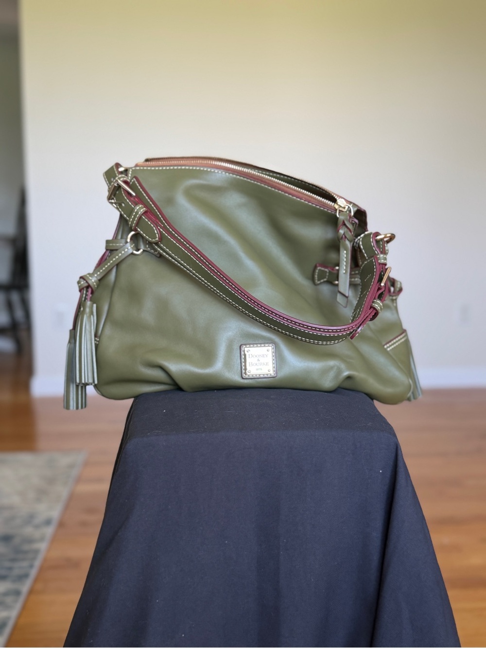 Dooney & Bourke Olive Green Shoulder Bag with Burgundy Trim